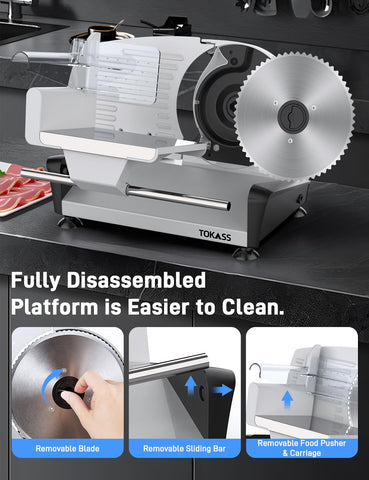 TOKASS Meat Slicer safety features with non-slip feet ensure stable operation.