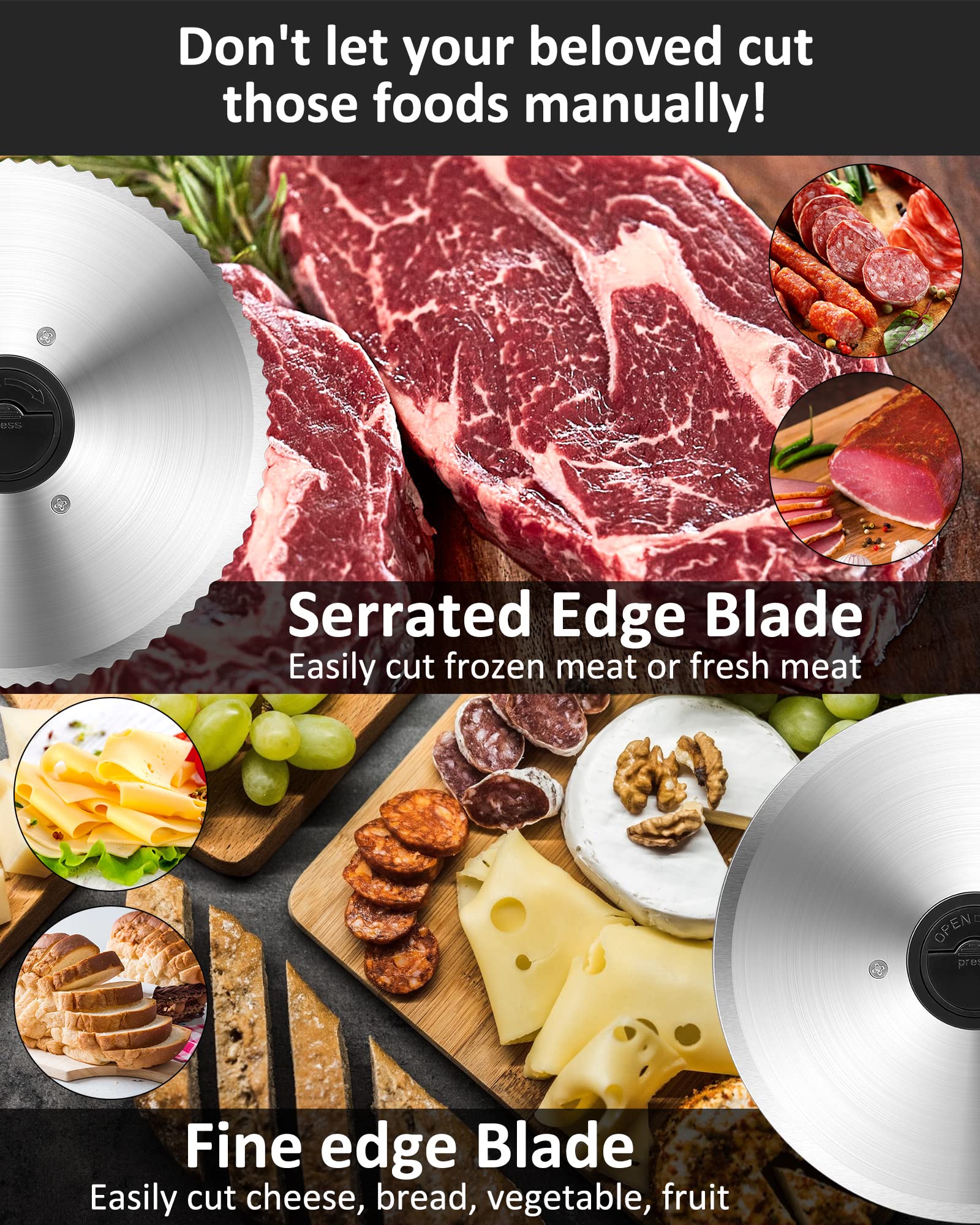 TOKASS meat slicer serrated blade demonstrates efficient deli meat slicing.