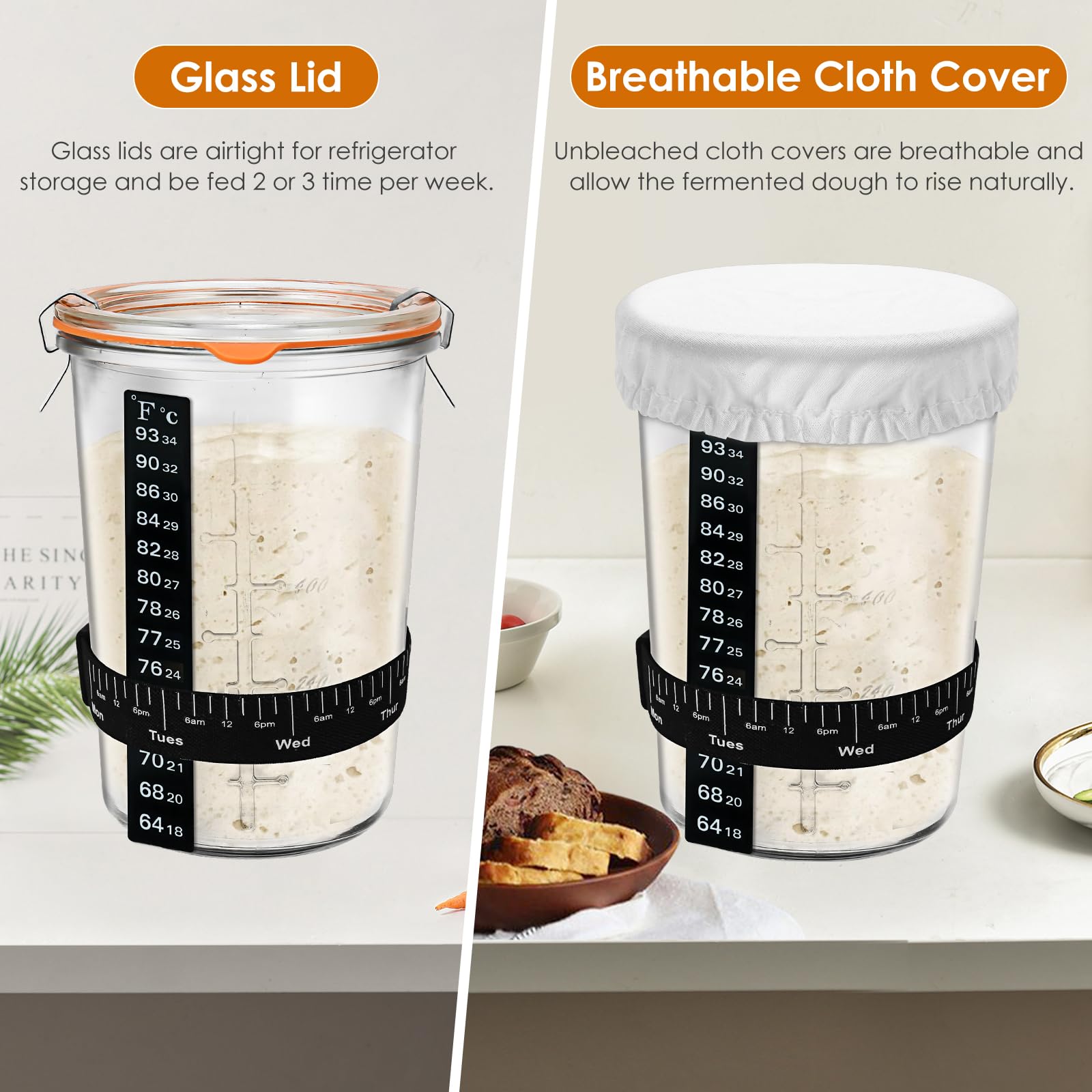 TOKPELA Sourdough Starter Jar cloth cover promotes airflow during fermentation.
