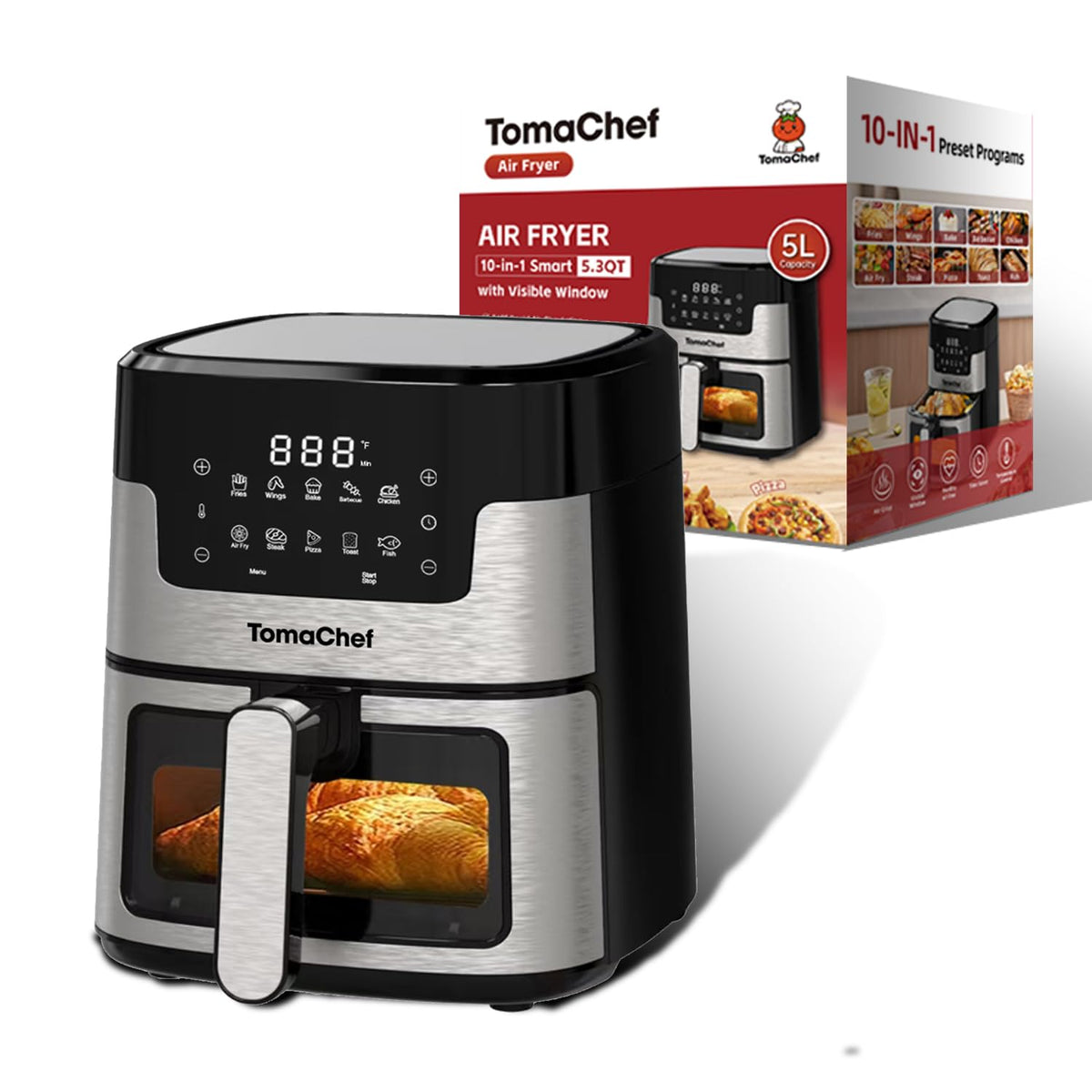 TomaChef air fryer 10-in-1 basket view shows crisp results with less oil