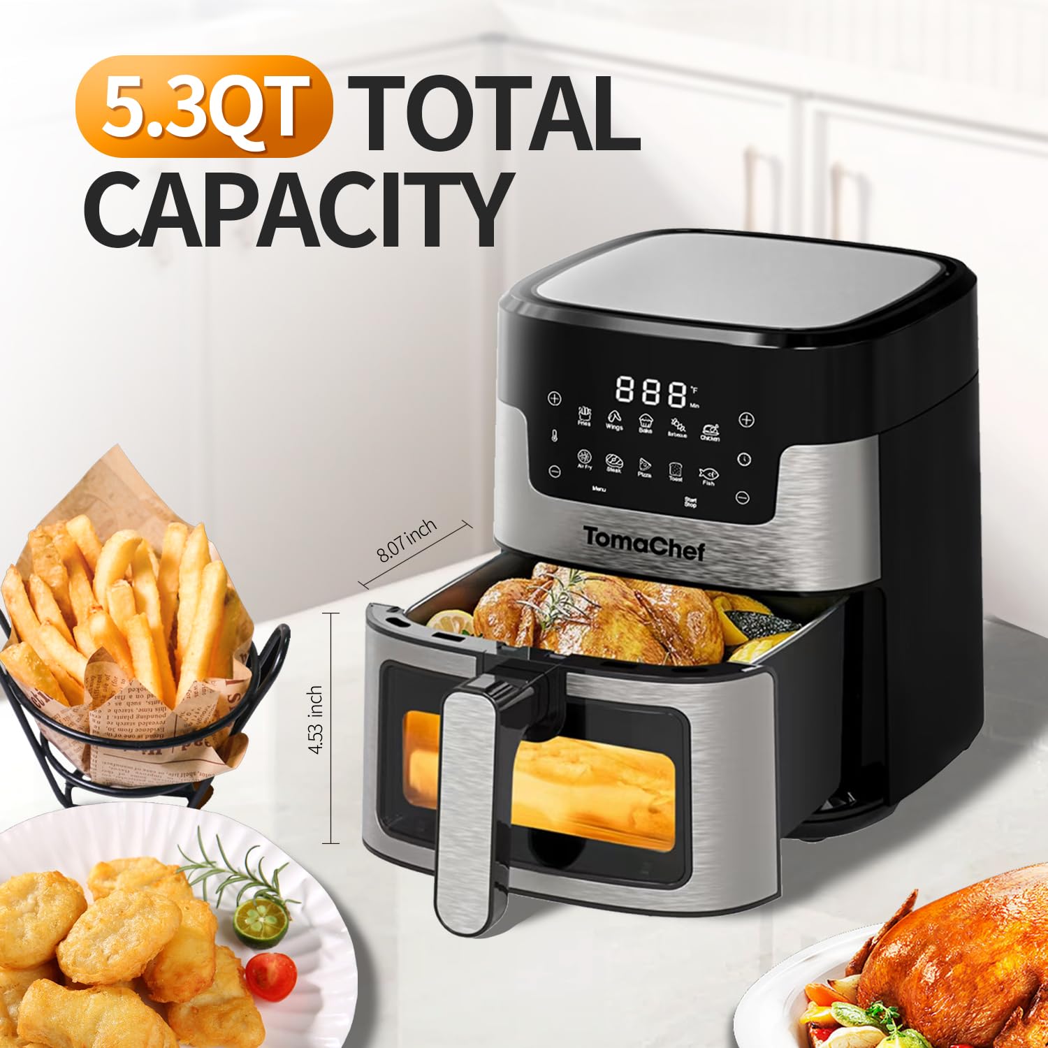 TomaChef air fryer 5-3qt basket demonstrates family-sized cooking capacity