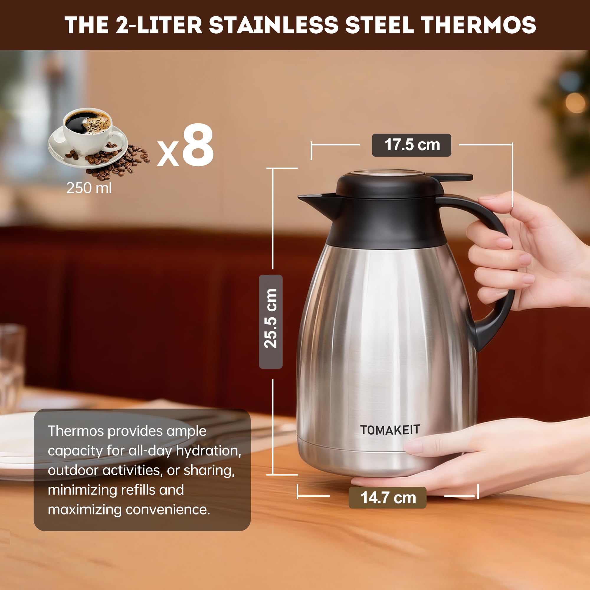TOMAKEIT Carafe leak-proof lid ensures mess-free transport for commutes and trips.