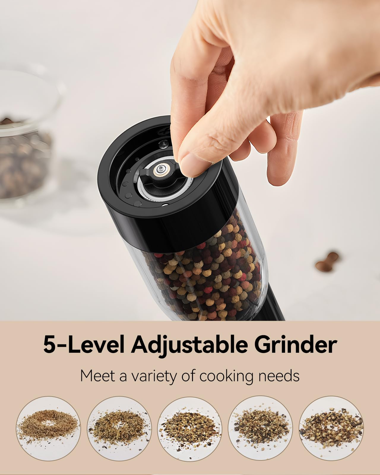 TOMEEM five-level grinding for versatile seasoning textures.