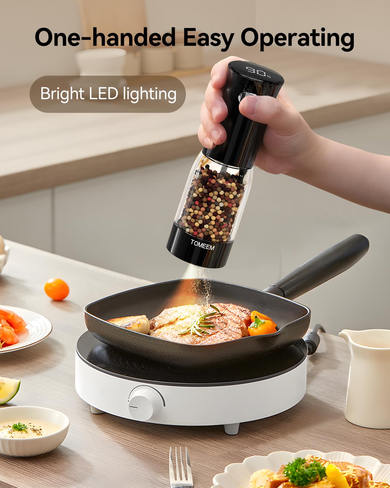 TOMEEM ceramic grinder offers consistent grind levels from fine to coarse.