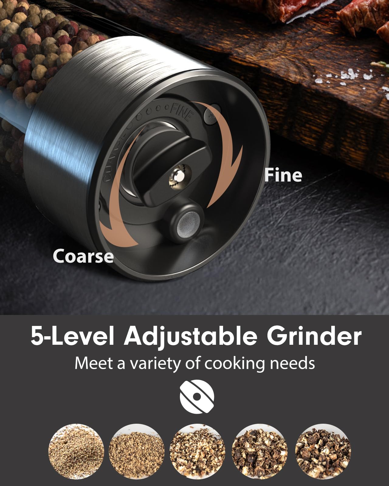 TOMEEM ceramic grinder with five settings for customizable grind.