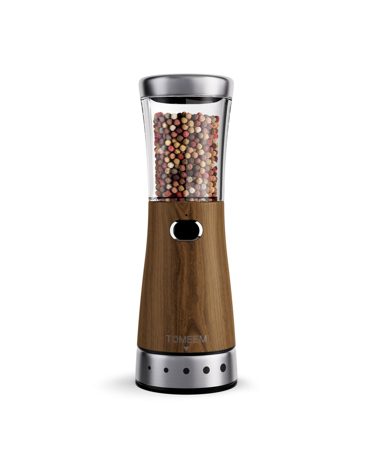 TOMEEM electric pepper grinder front view, stainless steel for easy one-handed seasoning.