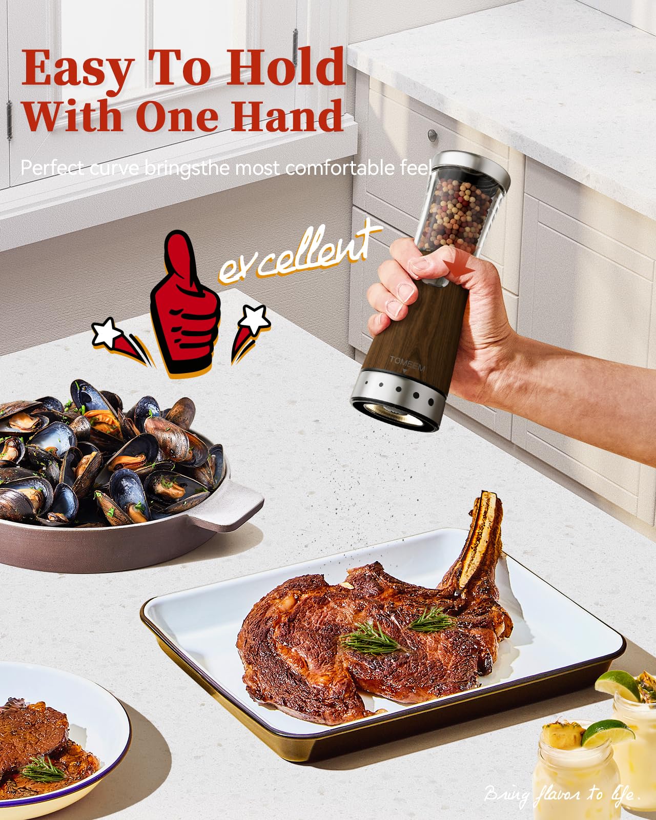 TOMEEM grinder wide opening facilitates quick, mess-free refills.