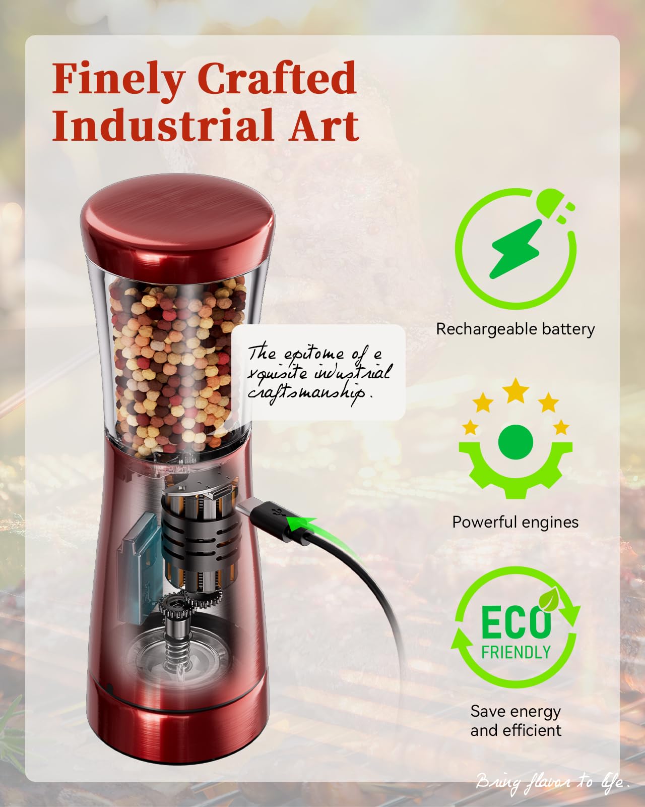 TOMEEM grinder demonstrating adjustable coarseness for fine to coarse spice control.