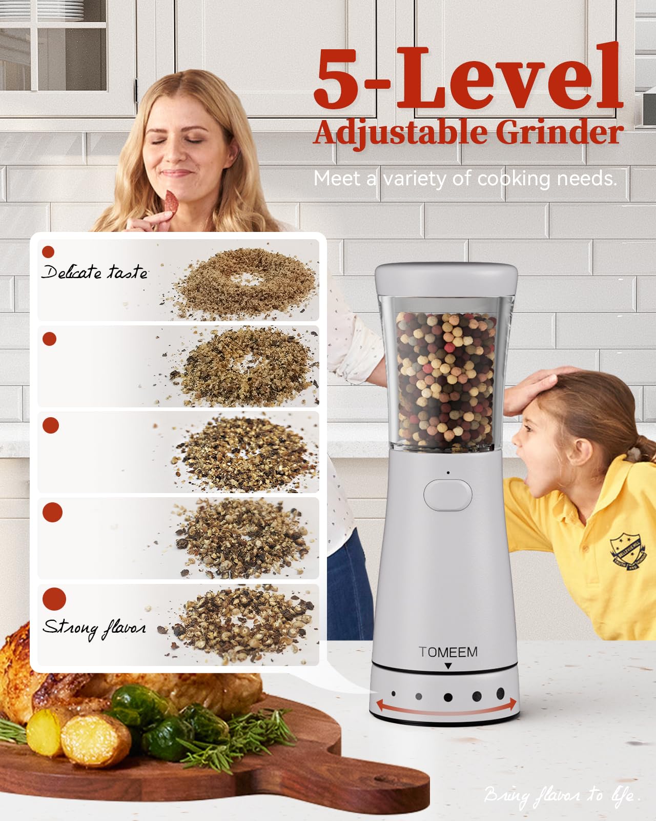 TOMEEM electric salt and pepper grinder assembly shows easy setup and cleaning.