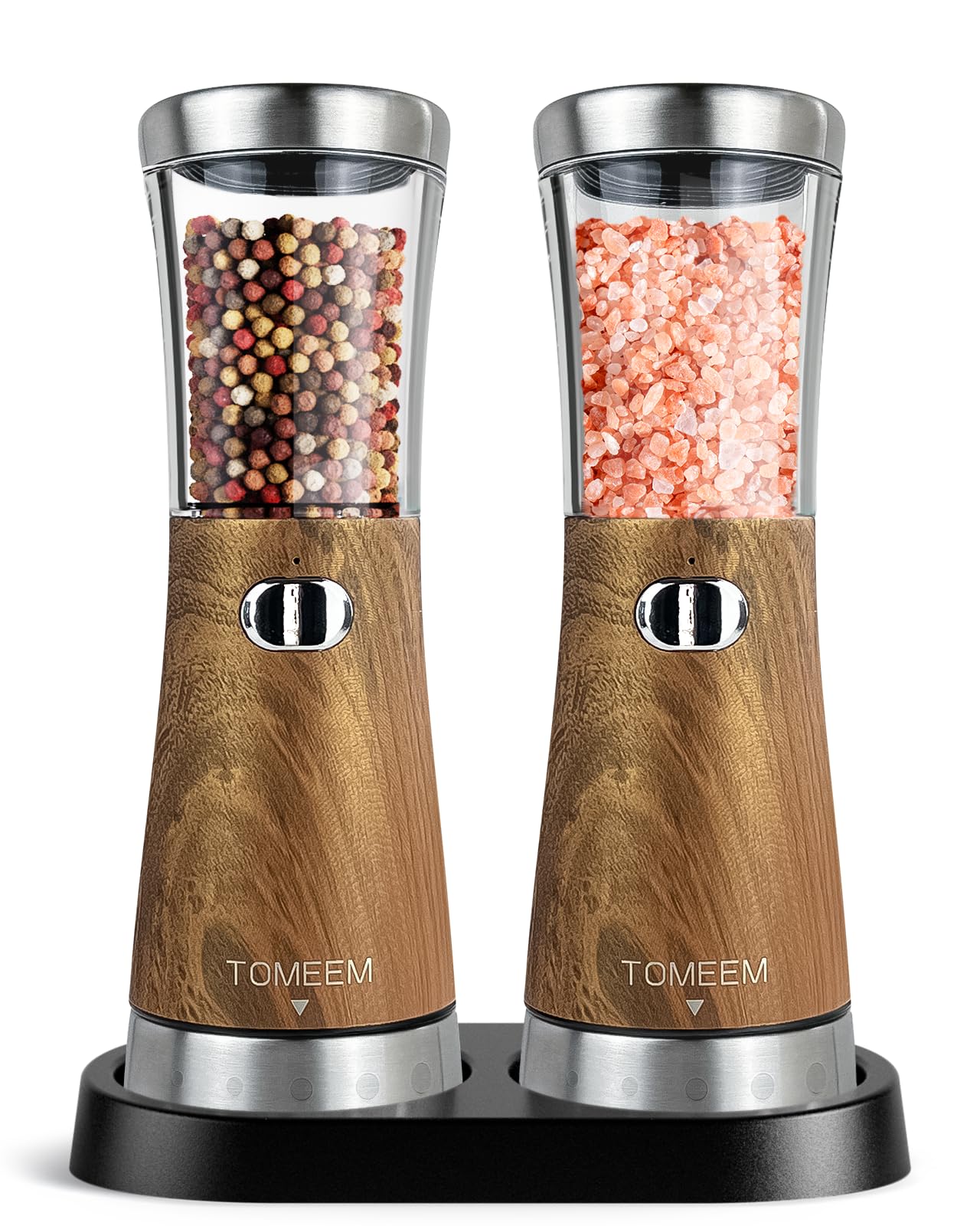 TOMEEM electric grinder base front view for convenient, mess-free table seasoning