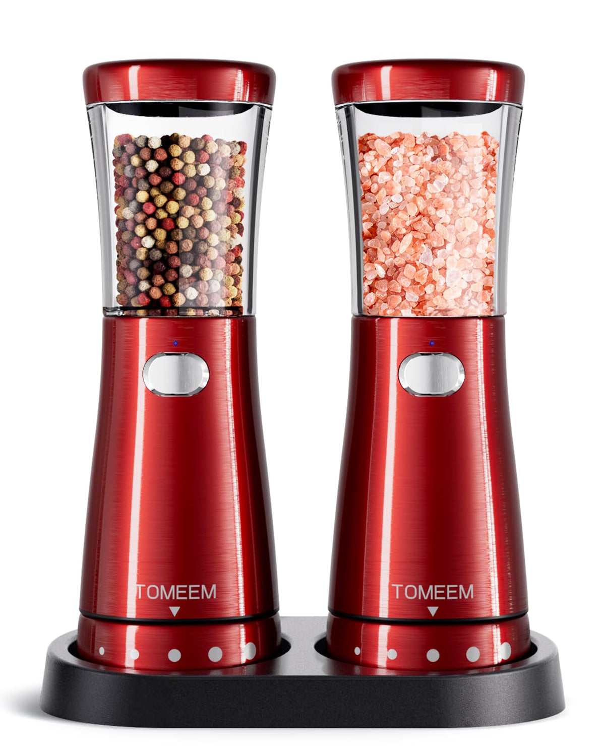 TOMEEM electric salt pepper grinder showing base storage for mess-free counters.