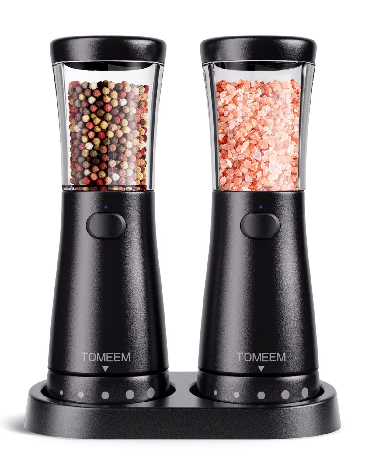 TOMEEM electric grinder with base on counter showing large 4.5 oz capacity for fewer refills
