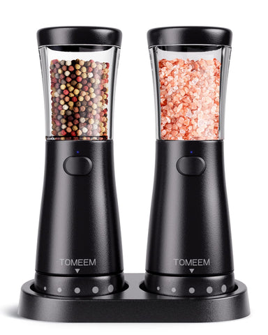 TOMEEM electric grinder with base on counter showing large 4.5 oz capacity for fewer refills