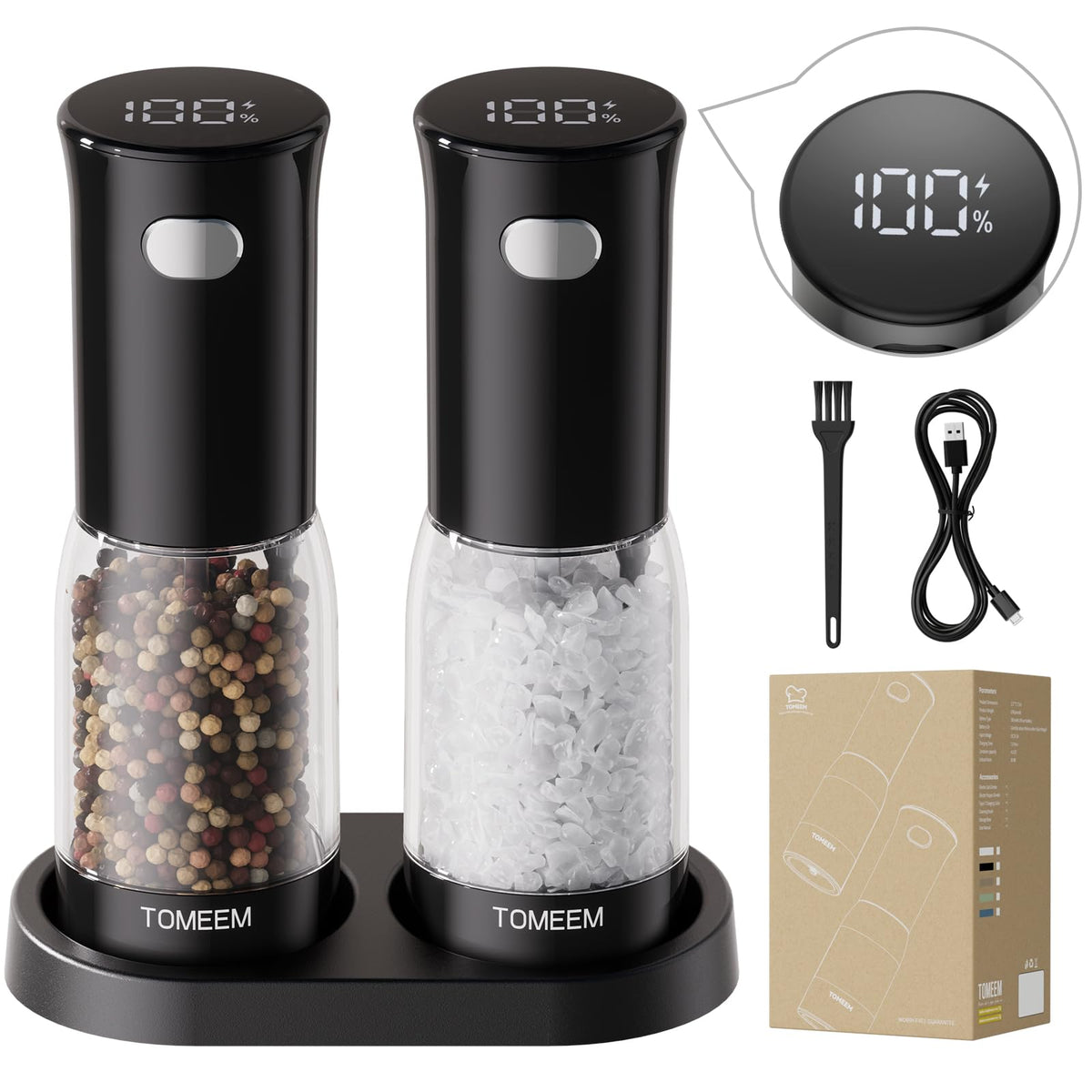 TOMEEM electric grinder set with base for organized kitchen storage.