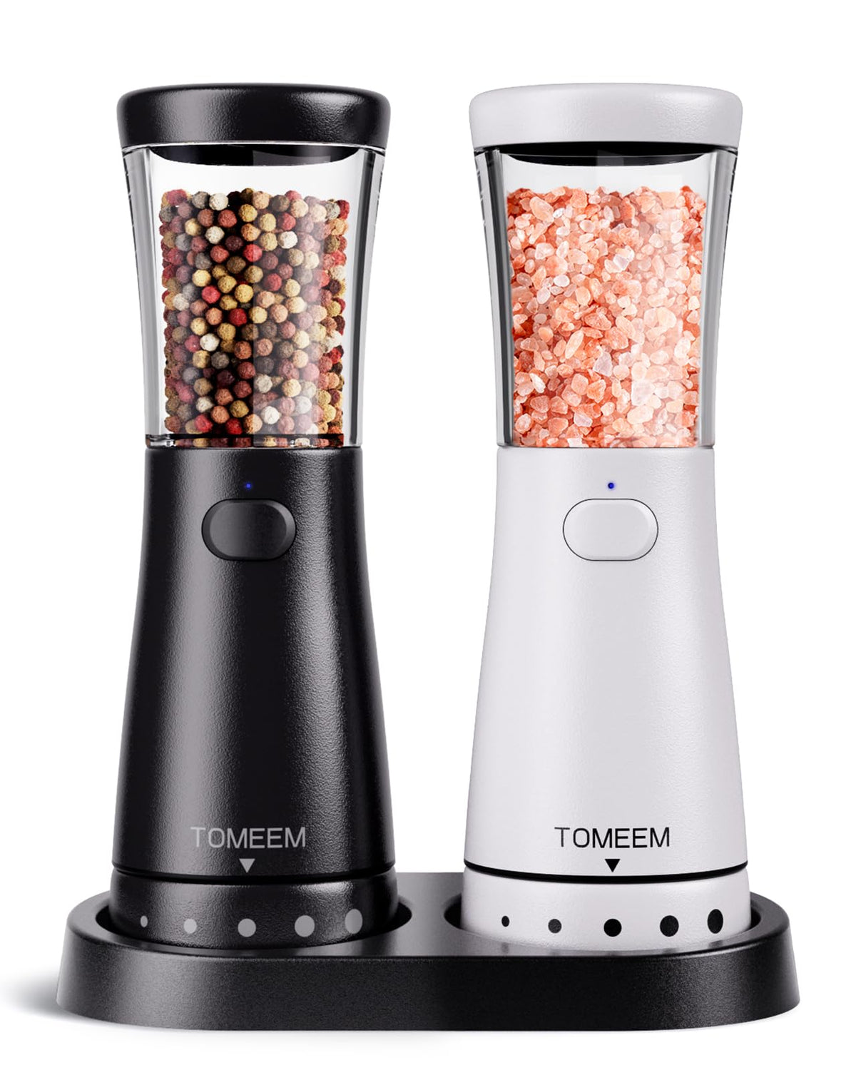 TOMEEM electric salt and pepper grinder with base keeps counters clean while refilling less often.