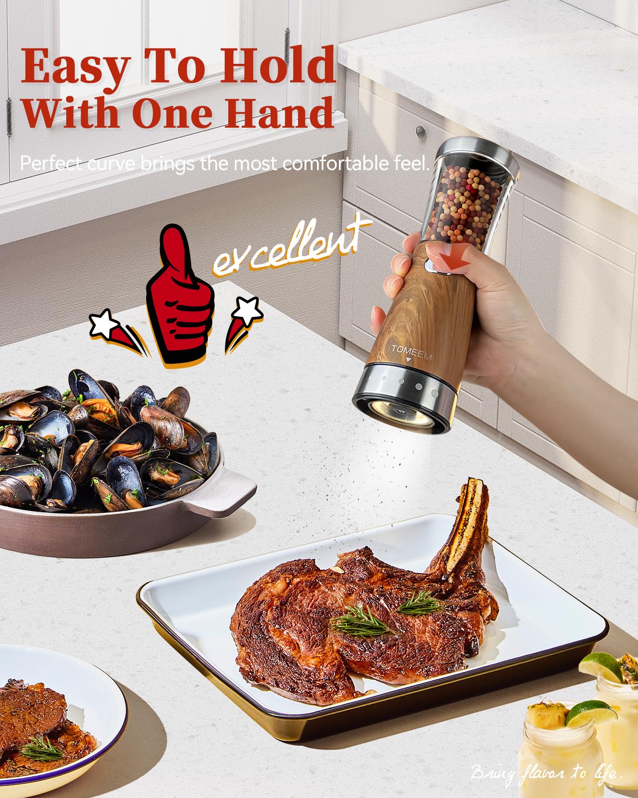 TOMEEM coarseness knob close-up enabling precise grind from fine to coarse
