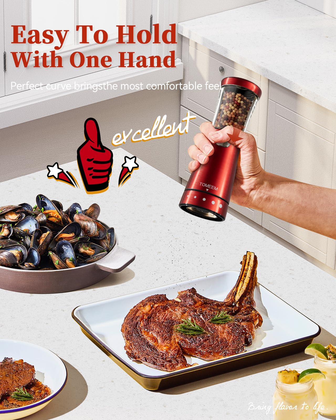 TOMEEM ergonomic hourglass design for comfortable one-handed grinding.
