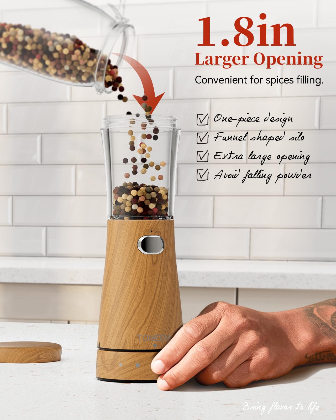 TOMEEM ergonomic hourglass design fits naturally in hand for comfortable seasoning.
