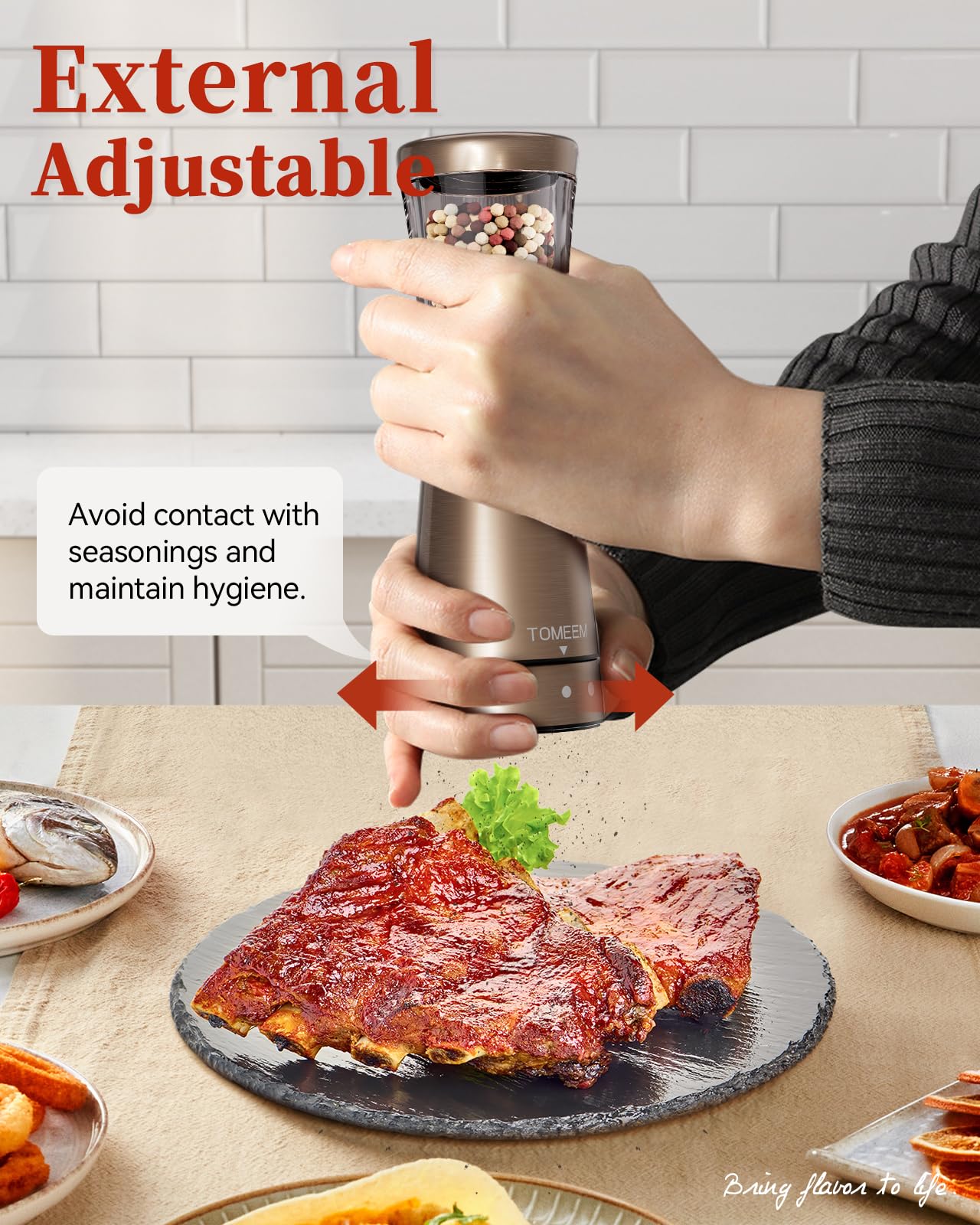 TOMEEM LED light illuminates the seasoning area for precise dispensing.