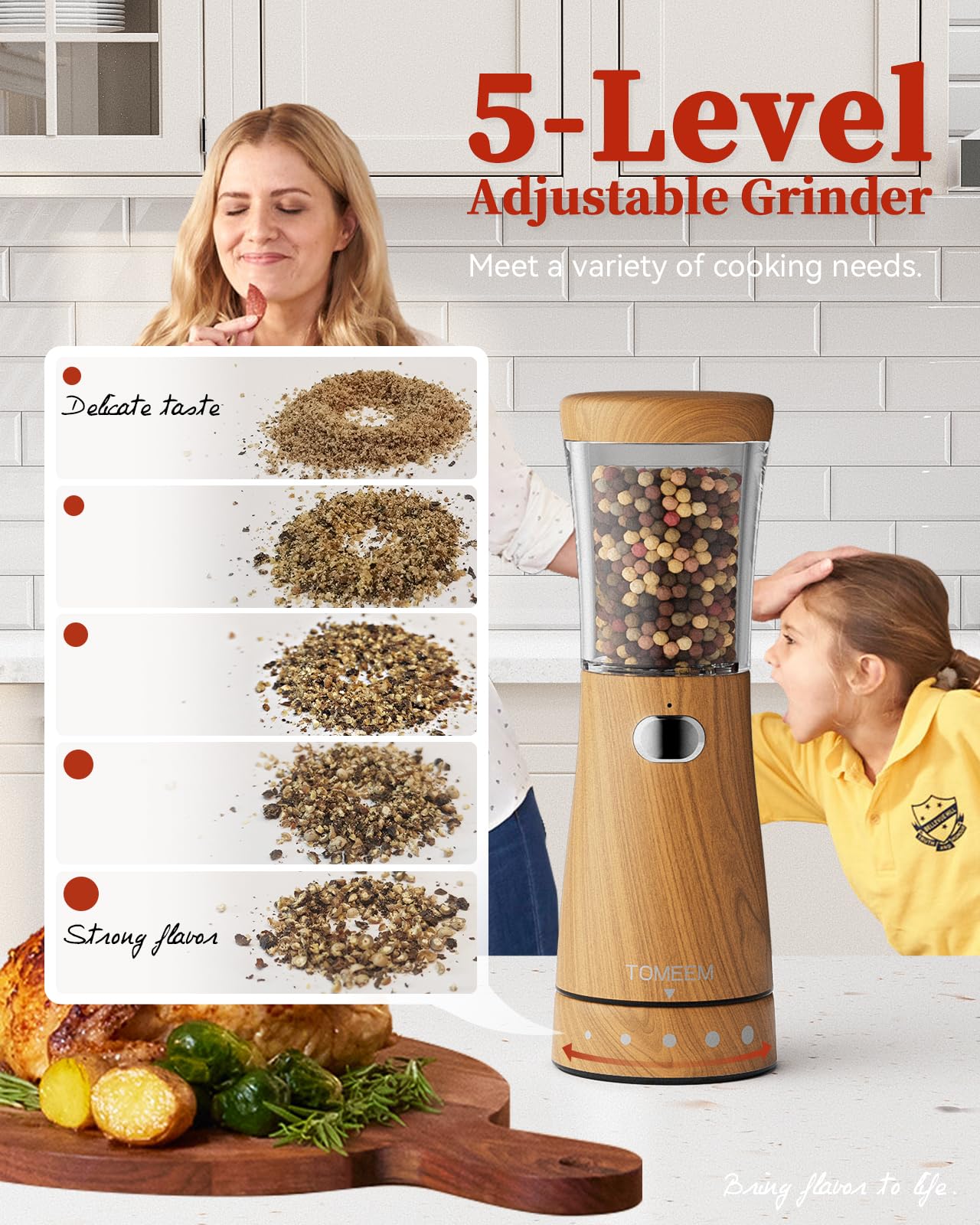TOMEEM grinder features an LED light for precise seasoning in dim kitchens.