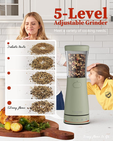TOMEEM grinder illuminated by LED light for precise seasoning.