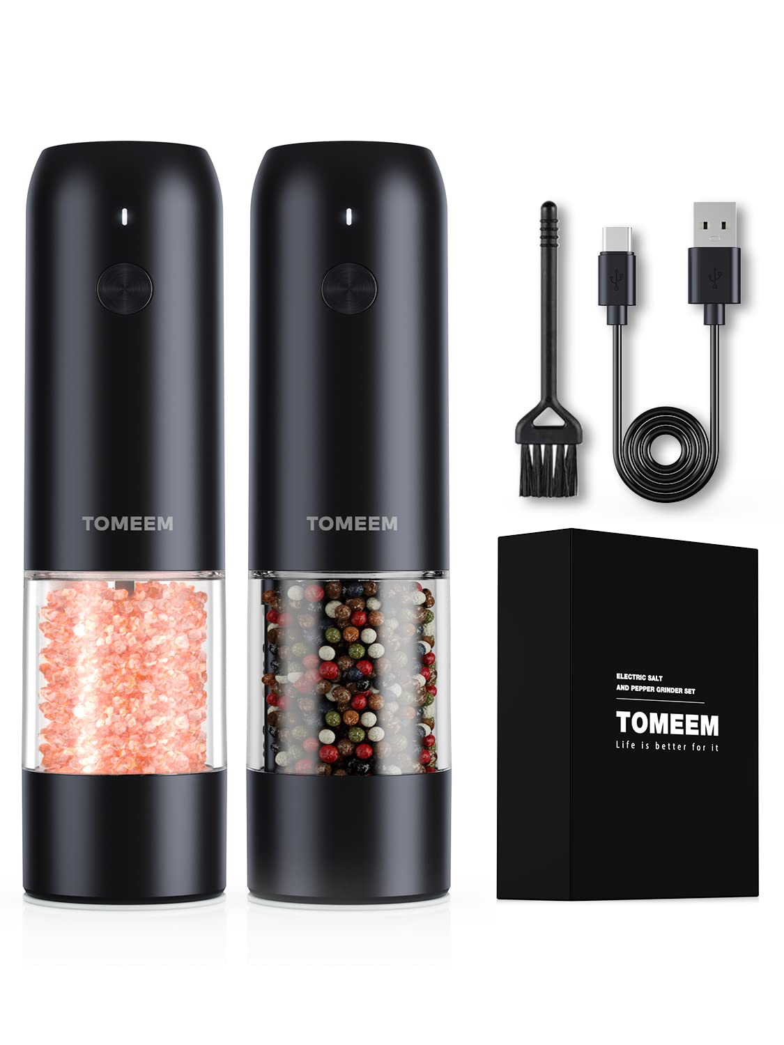 TOMEEM electric grinder with LED lights for precise seasoning at the table