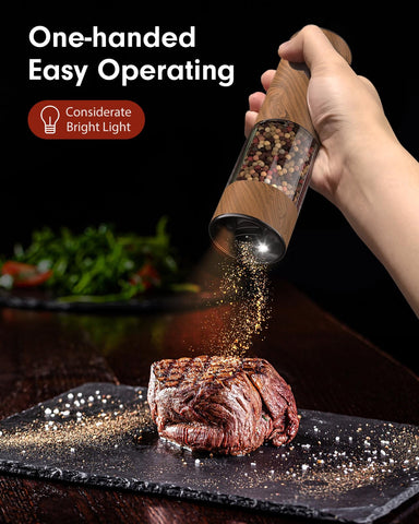 TOMEEM electric salt and pepper grinder set side detail highlights premium construction for lasting use.