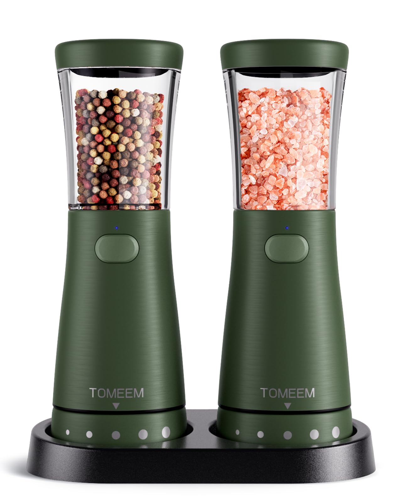 TOMEEM electric salt and pepper grinder with storage base on countertop for mess-free seasoning.