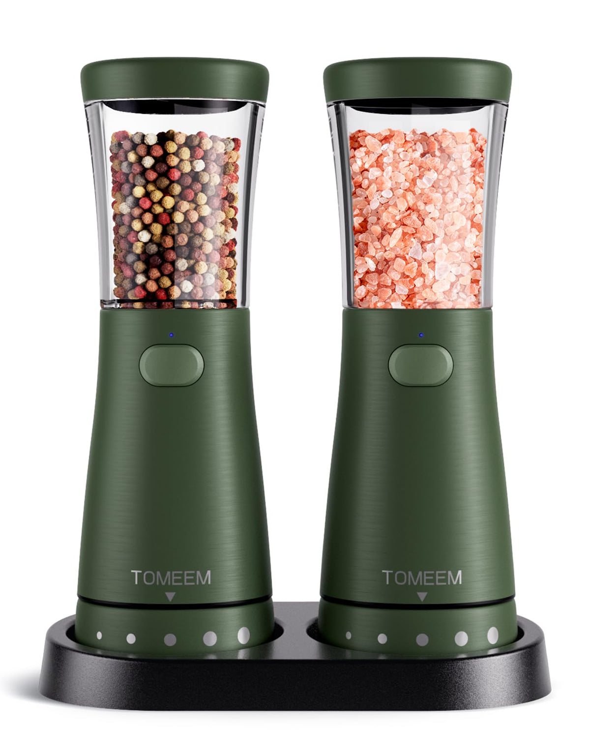 TOMEEM electric salt and pepper grinder with storage base on countertop for mess-free seasoning.
