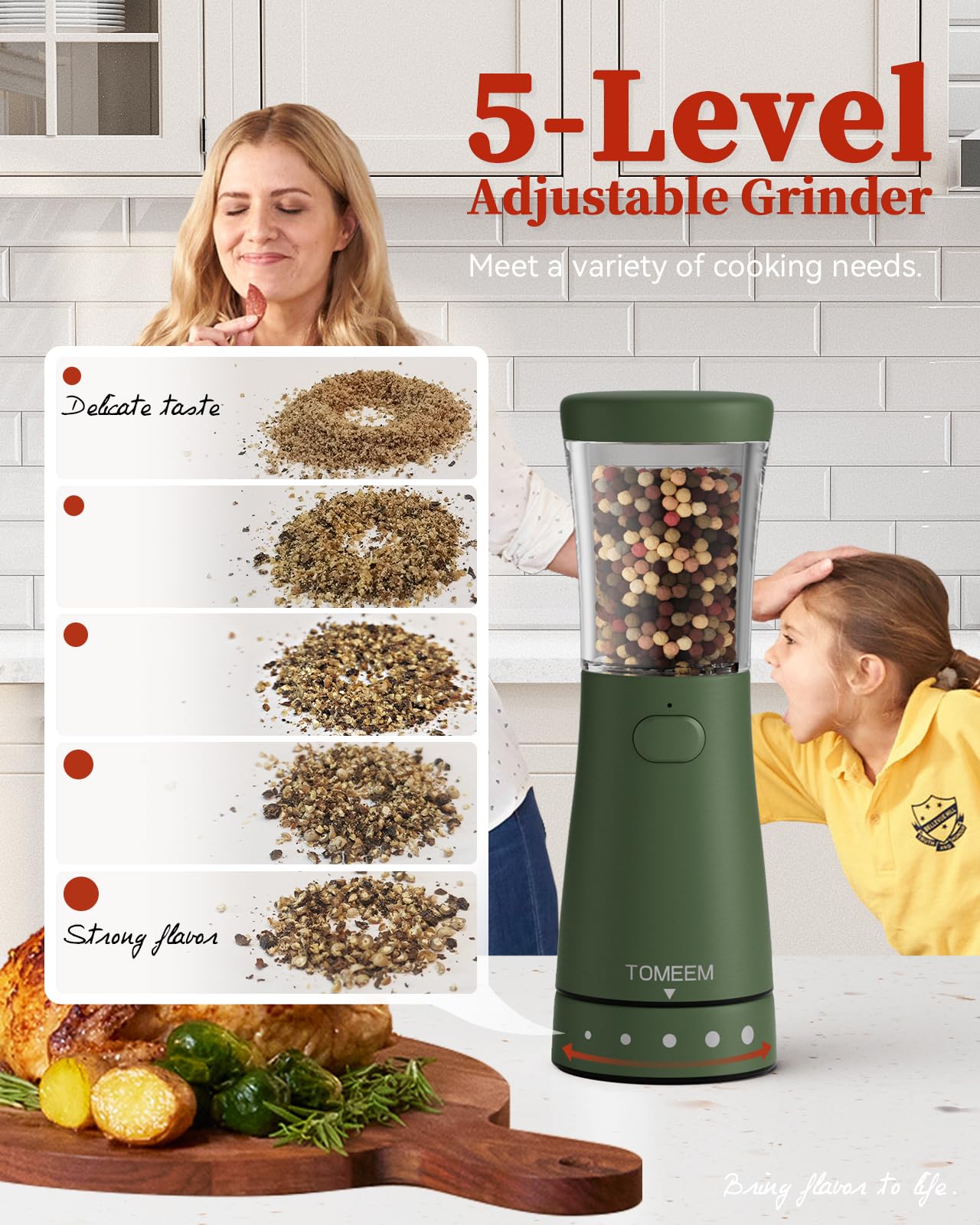 TOMEEM electric grinder highlighting 1.8 inch wide mouth for easy refills.