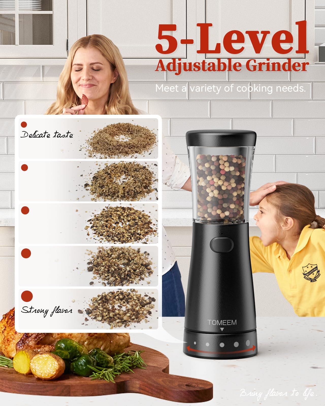 TOMEEM ergonomic hourglass design provides comfortable grip during long seasoning sessions.