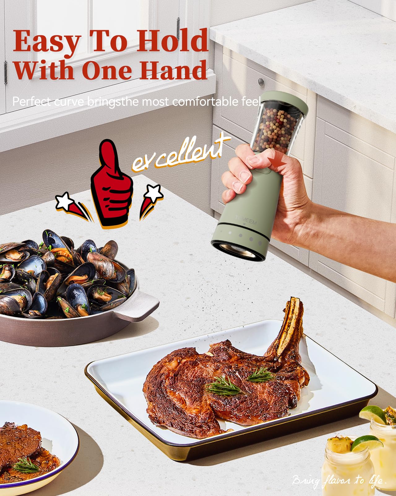 TOMEEM hourglass ergonomic grinder offers comfortable one-handed use.