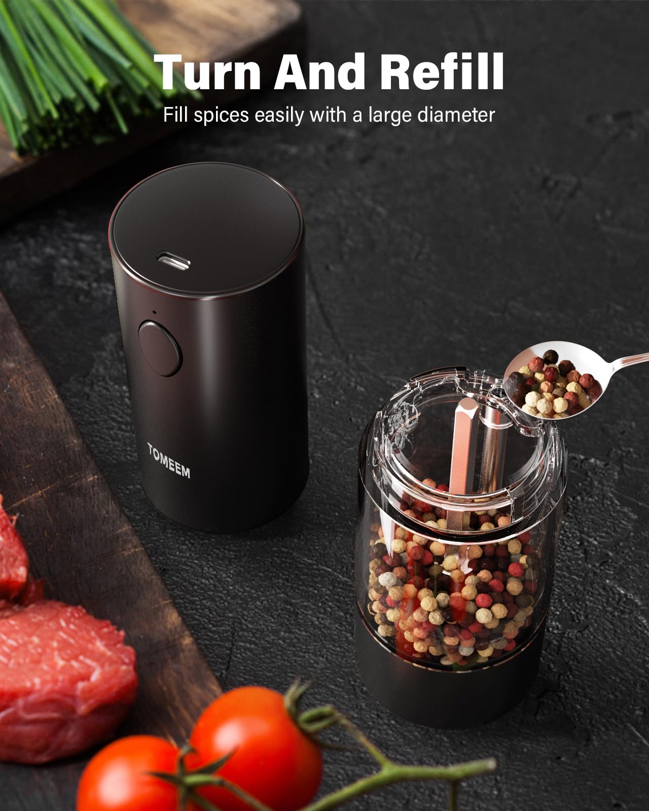 TOMEEM LED-illuminated grinder lights seasoning for accurate at-table use