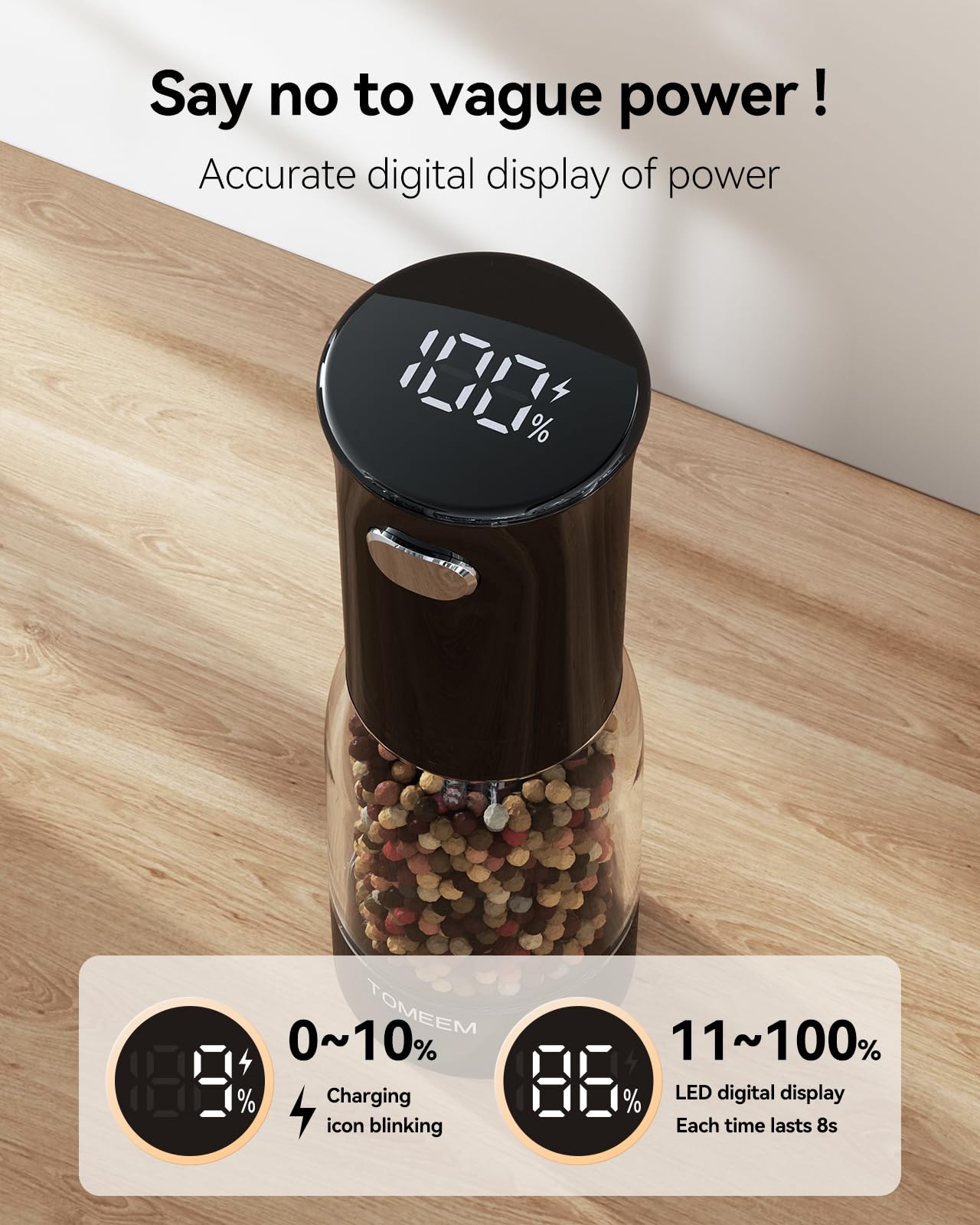 TOMEEM rechargeable grinder with LED indicator for real-time battery status.