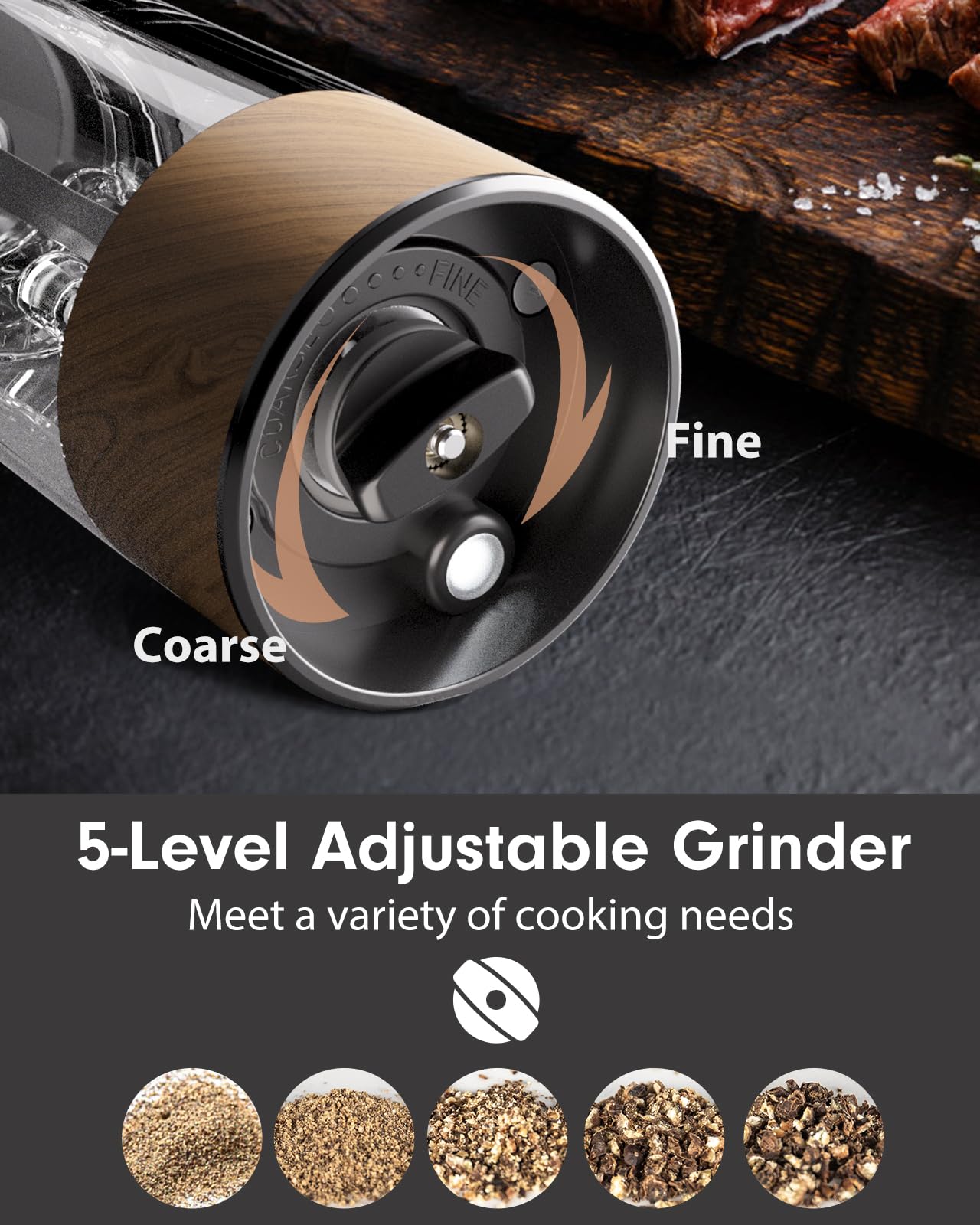 TOMEEM rechargeable grinder with USB-C port during use with charging indicator.