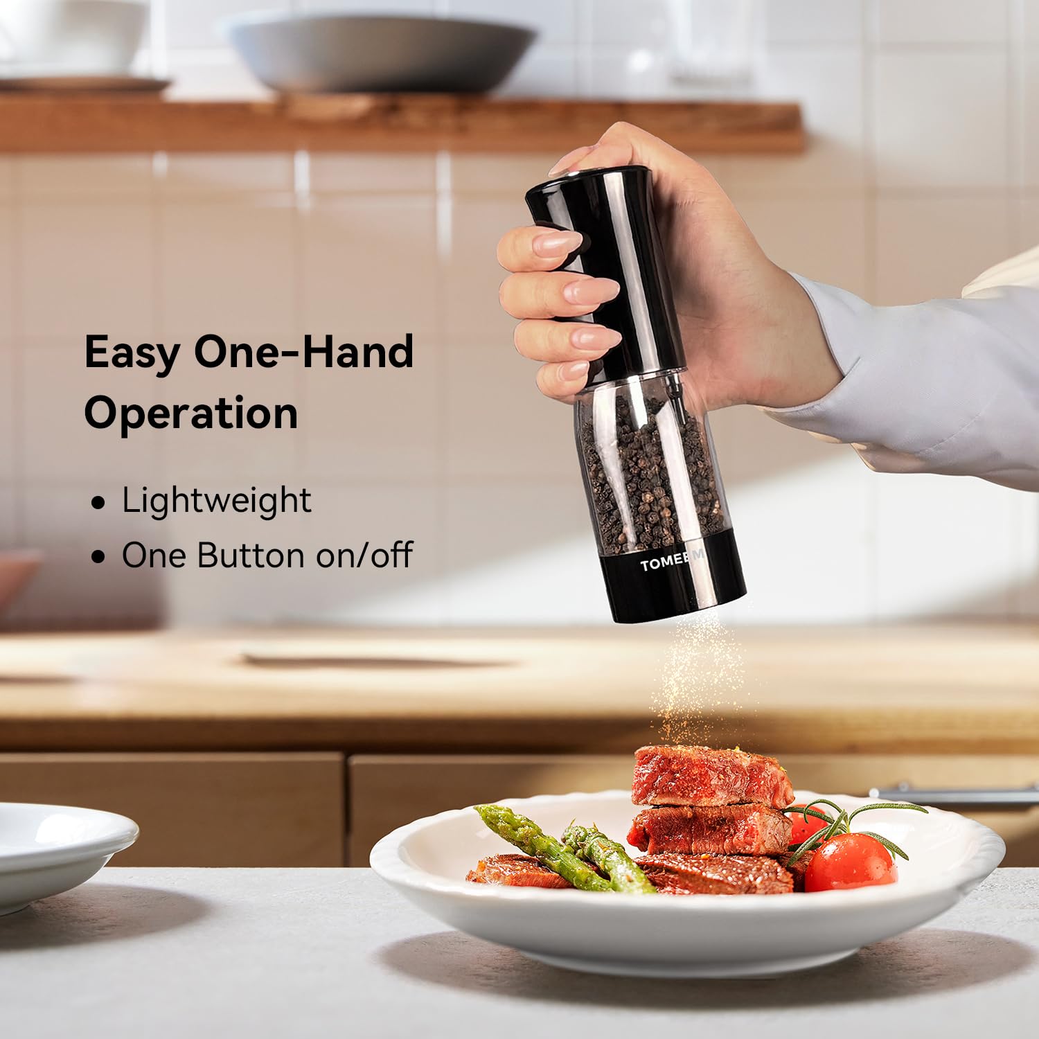 TOMEEM rechargeable pepper mill with USB-C charging for convenient, battery-free use.