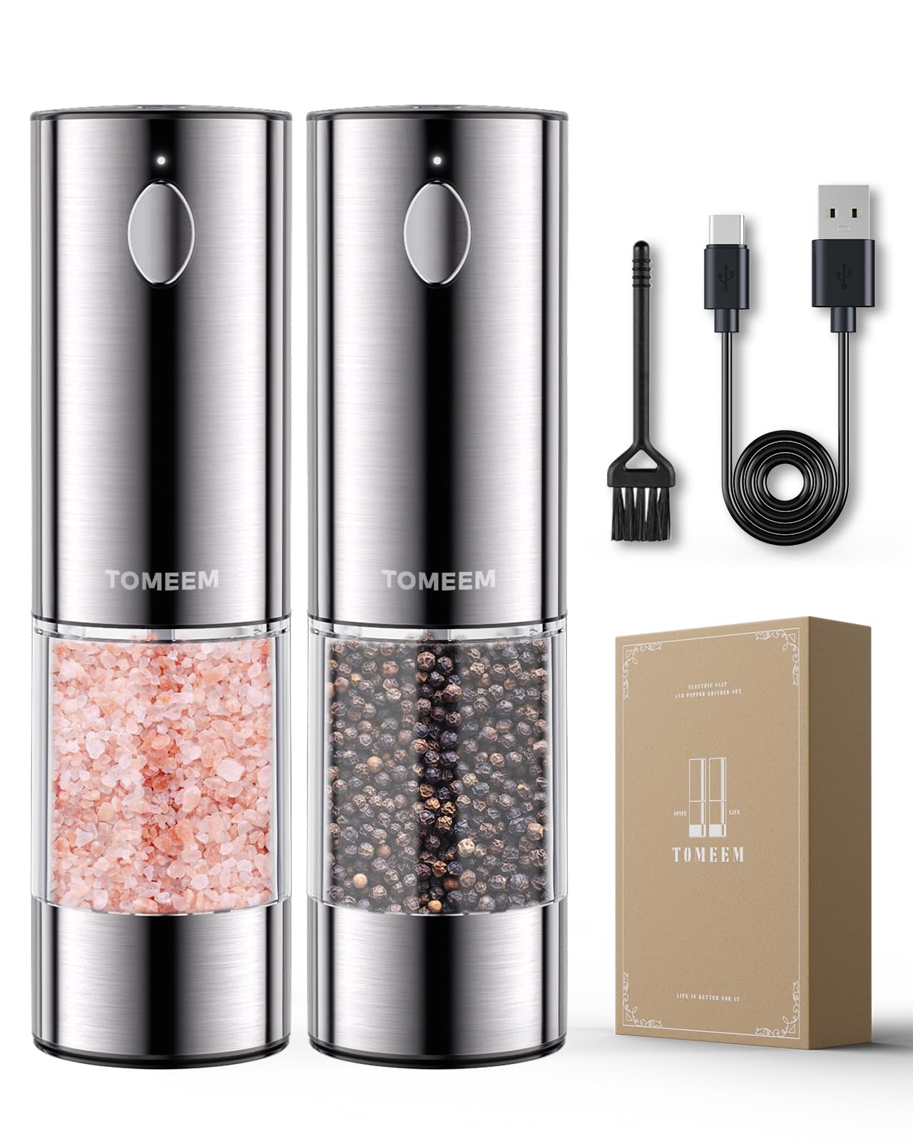 TOMEEM salt and pepper grinder set with LED capacity for precise seasoning.