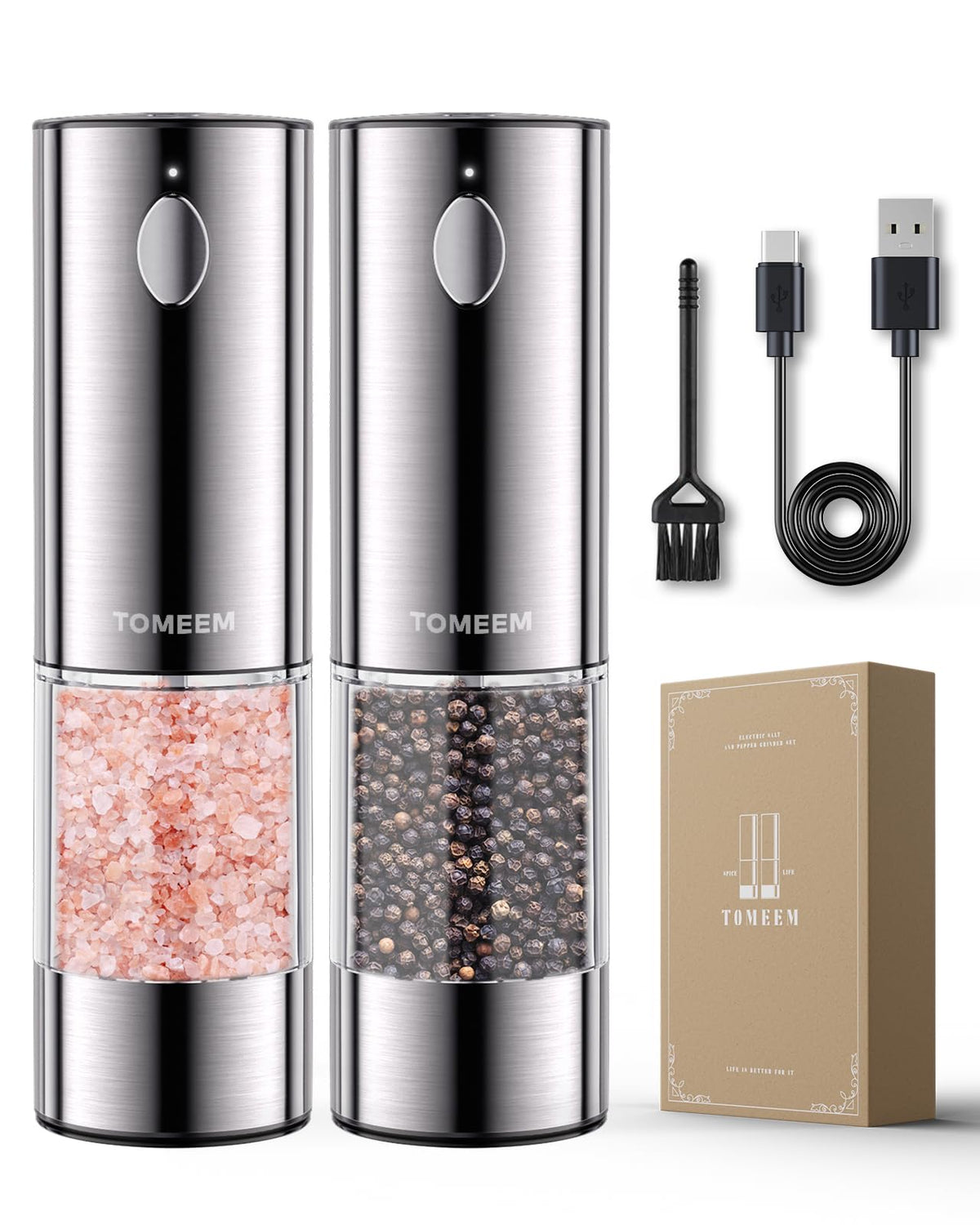TOMEEM salt and pepper grinder set with LED capacity for precise seasoning.