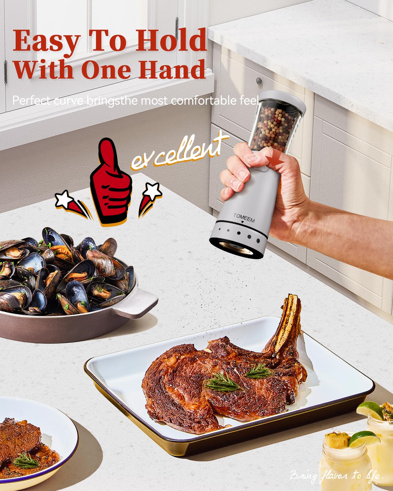 TOMEEM grinders in use in kitchen showcase ergonomic grip and one-touch operation.