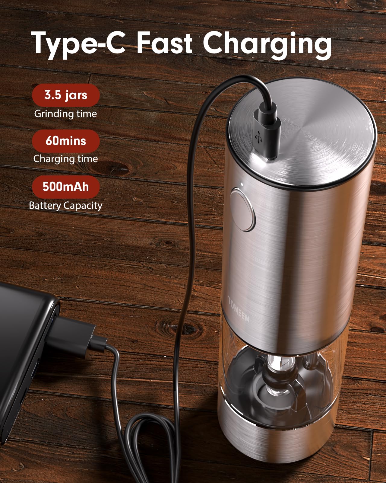 TOMEEM rechargeable grinder using USB Type-C cable for easy charging.