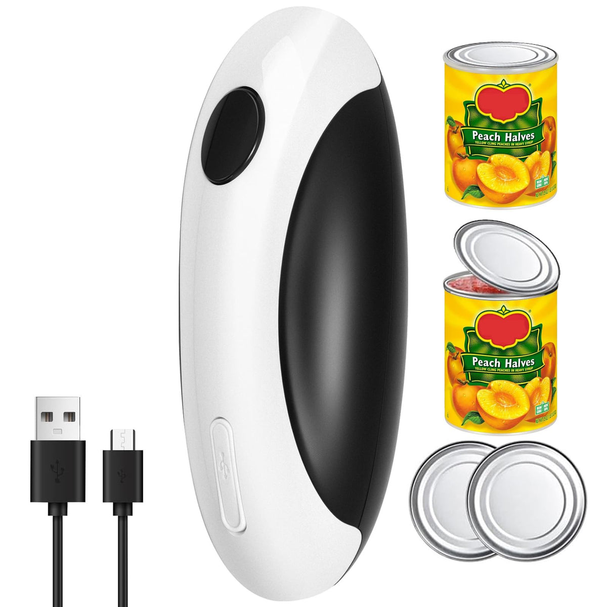 Tomentific electric can opener with compact design for easy storage and use.