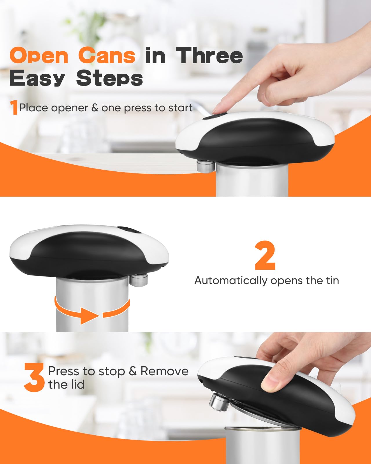 Tomentific can opener showing one-touch operation for effortless opening.