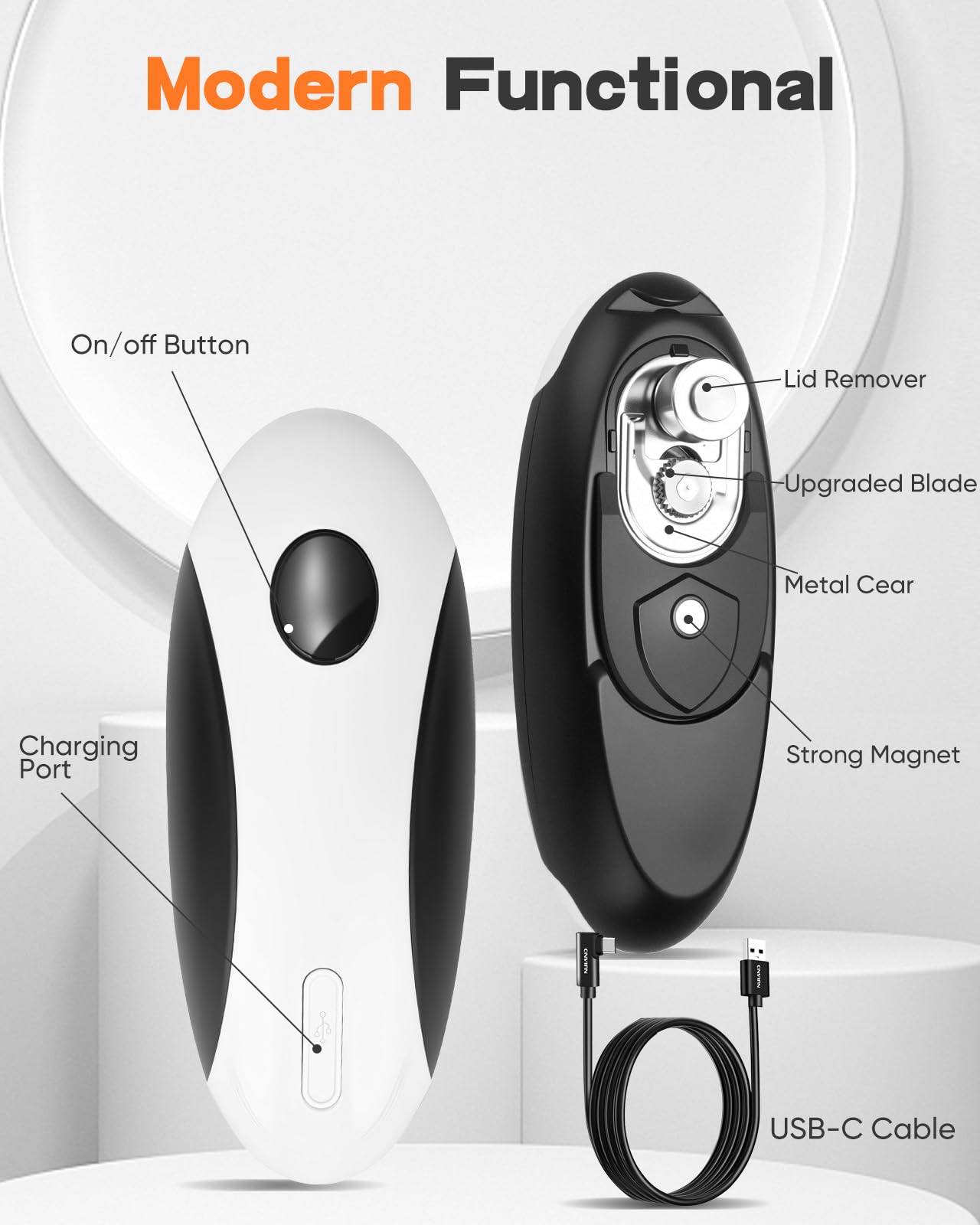Tomentific can opener fits round, square, and oval cans for versatility.