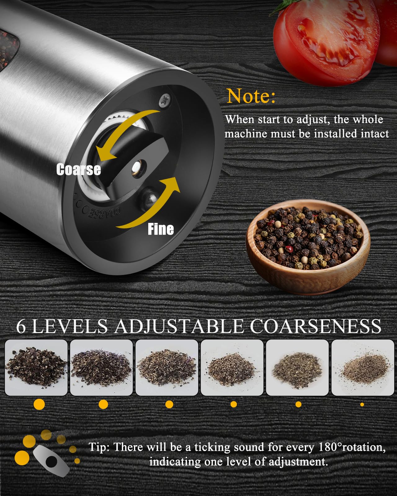 Tomentific grinder with adjustable coarseness and ceramic core for customizable grinding.