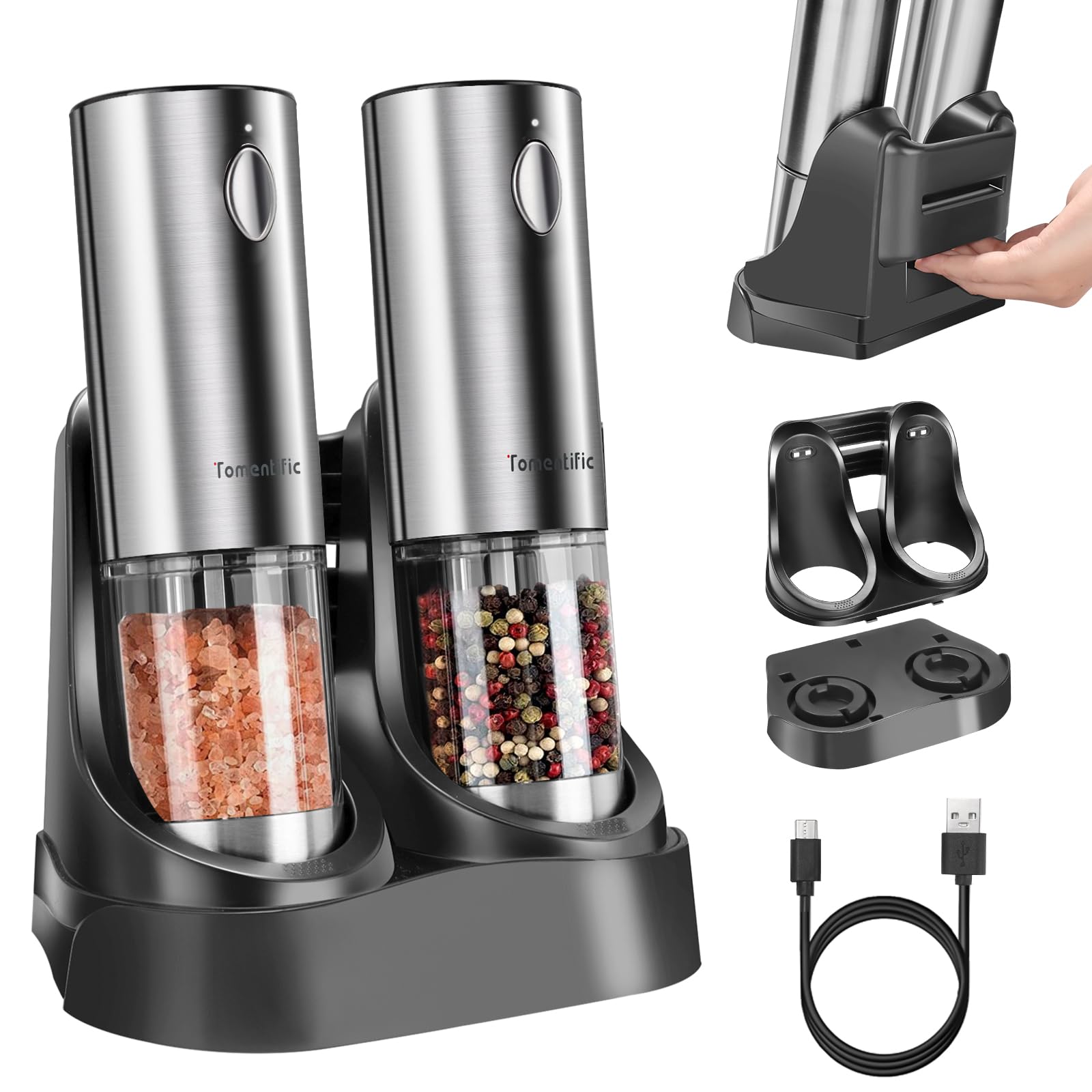Tomentific electric grinder base with detachable charging dock for easy transport.