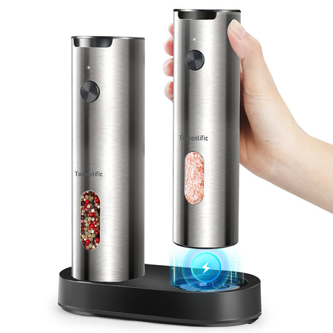Tomentific electric grinder base charging dock enables cordless, convenient seasoning.