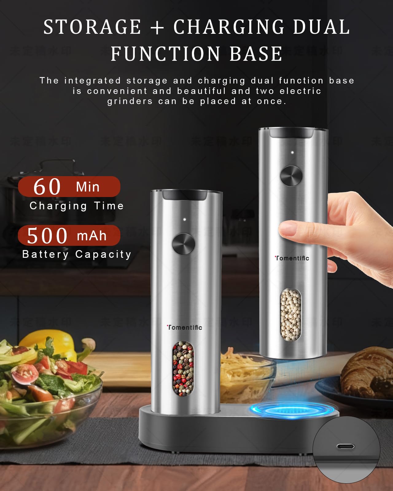 Tomentific salt and pepper grinder with LED light for precise at-table seasoning.