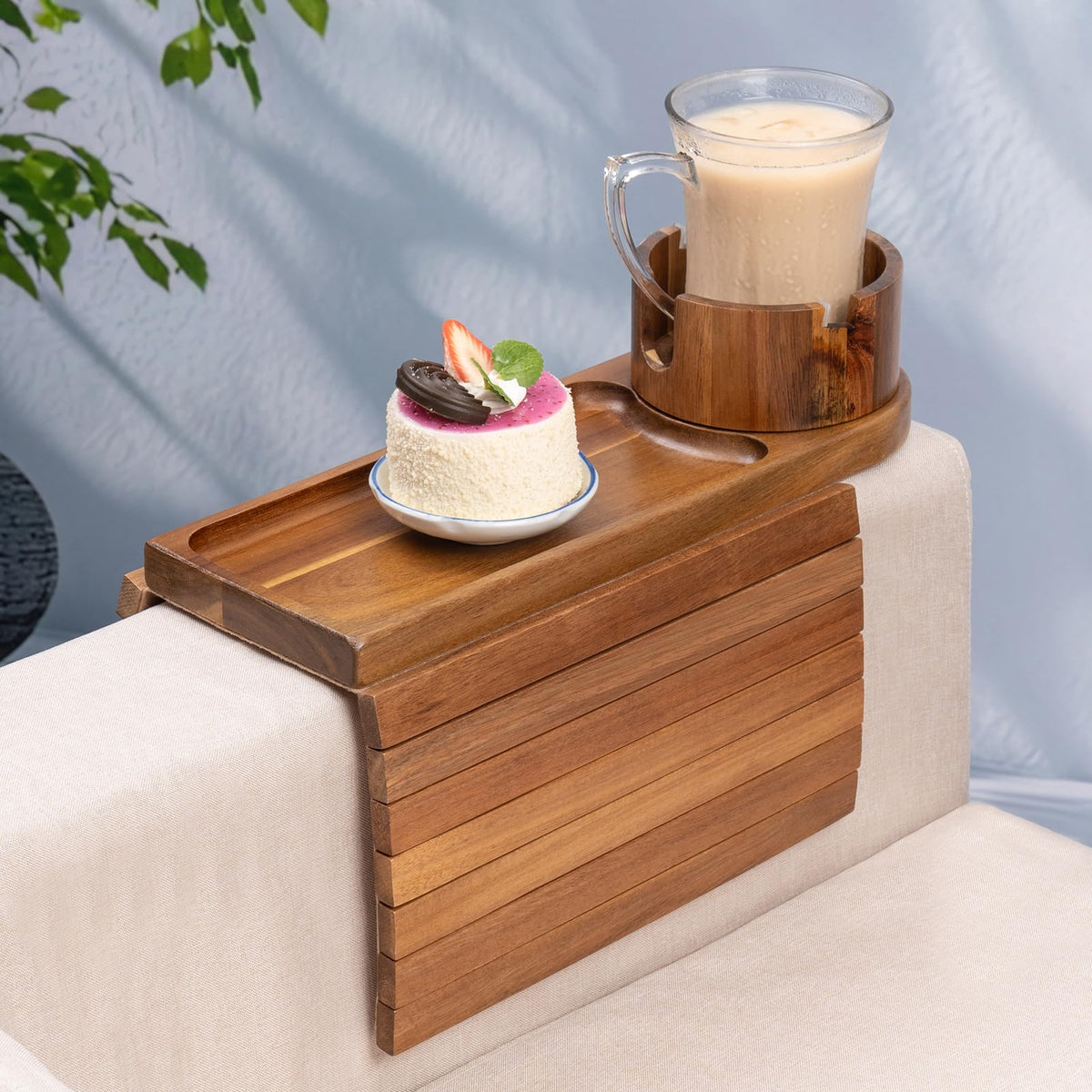 TOMLYOP couch arm tray in acacia wood showing natural grain and sturdy surface.