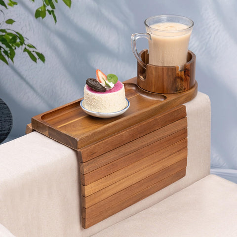 TOMLYOP couch arm tray in acacia wood showing natural grain and sturdy surface.