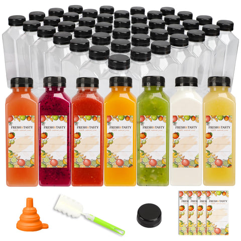 Tomnk 16oz plastic juice bottles with black caps for reliable beverage storage.